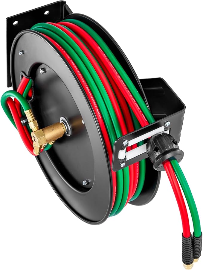 VEVOR Retractable Welding Hose Reel, 1/4-Inch x 50FT Twin Oxygen Acetylene Rubber Hose Max 300PSI - R Grade, Ceiling/Wall Mount Heavy Duty Steel Hose Reel Auto-Rewind, Ideal for Workshops Garages