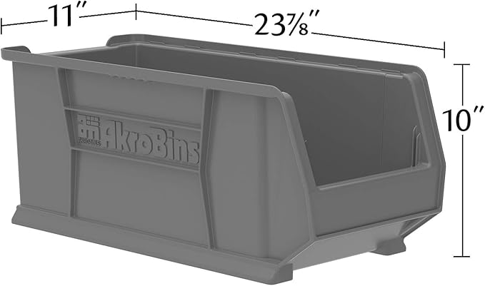Akro-Mils 30287 Super-Size AkroBins Plastic Storage Bins, Space-Saving Stackable Bins for Garage, Classroom, Warehouse Organization, 24" L x 11" W x 10" H, Grey, 4-Pack