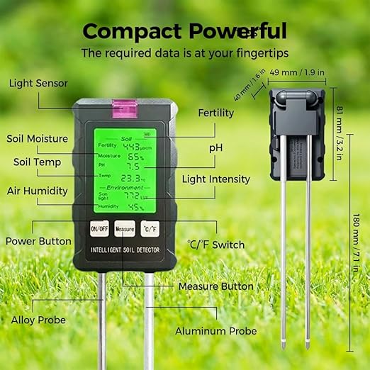 6-in-1 Soil Moisture Meter,Plant Water Monitor,Soil Test Kit -Soil Moisture/Light/Fertility/PH Tester,Professional Soil Tester for Home, Garden, Lawn, Farm, Indoor and Outdoor Use (2PC)