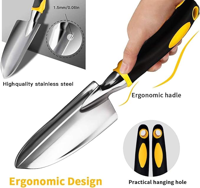 Edward Tools Gardening Hand Tools 3 Piece Set - Heavy Duty Garden Trowel, Transplanter, Hand Rake - Ergo Grip Handle - Bend-Proof & Rust-Proof Design - Cultivator, Garden Hand Shovel