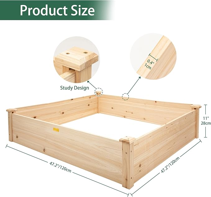 Hollyone 48" X 48" inches Wood Raised Garden Bed Frame Planters Wooden Elevated Planting Planter Box for Outdoor Herb Vegetables Flowers Grass Lawn Yard Patio - Natural 4×4ft