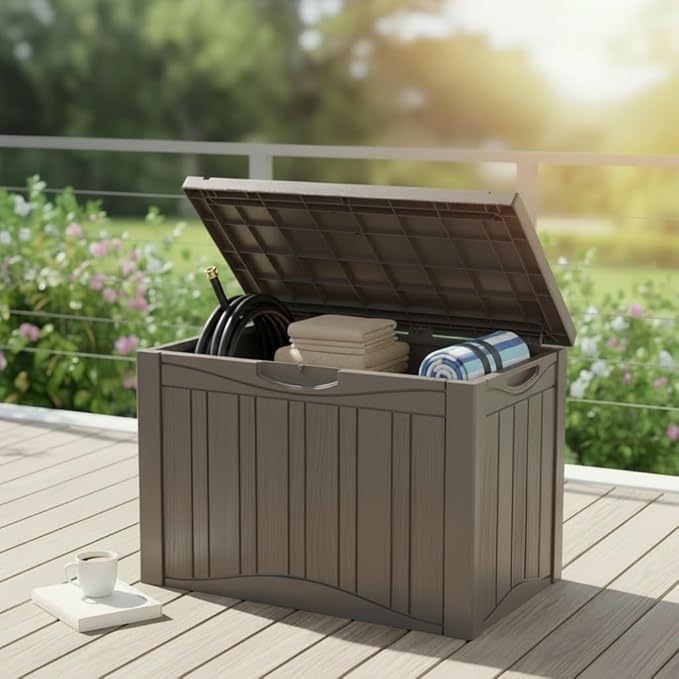 45 Gallon Deck Box, Outdoor Storage Chest with Lockable Lid - All-Weather, Water-Resistant for Patio Furniture Cushions, Garden Tools, Garage & Holiday Decor Organization