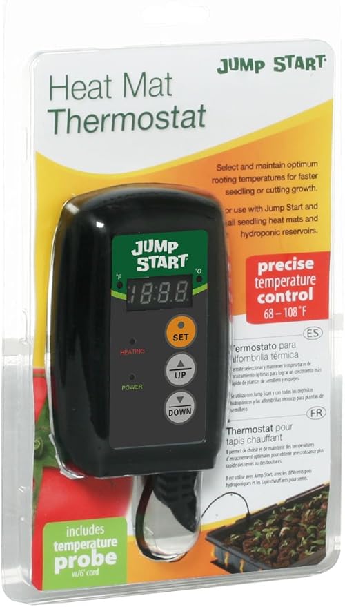JumpStart by Hydrofarm Digital Thermostat Controller for Heat Mats, MTPRTC, Water Resistant Probe, Celcius or Farenheit Read-Out, 6' Cord