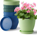 RooTrimmer Plastic Plant Pots, 6 Pack 7.5 Inch Flower Pots with Drainage Holes and Saucer, Planters for Indoor Outdoor Plants, Stylish Decor for Home and Garden(Blue, Green, Dark Green)