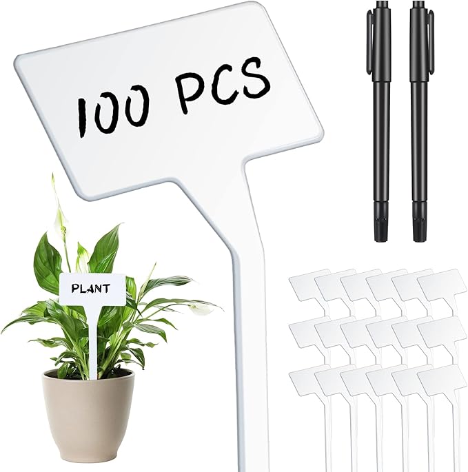 Yinkin 100 Pcs Large Plant Label Signs 11.8 Inch Plant Markers Plastic Garden Label Stakes Waterproof T Type Tags Nursery Garden Signs with Marker Pen for Flower Herb Pot(White)