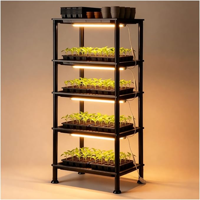 5-Tier Seed Starter Trays Plant Stand with LED Grow Light (Auto-Timer), Bottom Watering Designed for Indoor Greenhouse Plants, Fits Small Pots & Seedling Cell Trays - Black