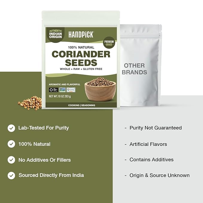 HANDPICK Whole Coriander Seed (283g/10oz) Premium Grade | Pure & Flavorful Coriander Seeds - Indian Origin | Non GMO, Gluten Free | Perfect for Cooking & Seasoning | Resealable Ziplock Pouch