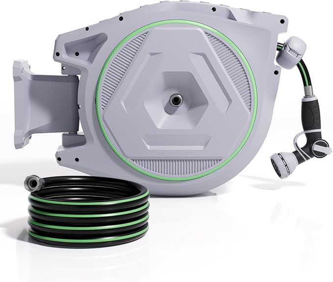 Retractable Garden Hose Reel 5/8 in x 100 ft, Heavy Duty Wall Mounted Water Hose Reel with 9-Pattern Nozzle, Any Length Lock, Automatic Slow Return System, 180° Swivel Bracket, UV Resistant