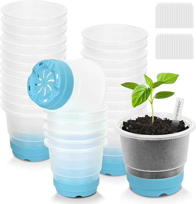 Sckee Clear Nursery Pots for Plants, 30 Packs Plastic Seed Starting Pots with Drainage Holes Plant Nursery Pots Silicone Base (Blue, 4 inch)