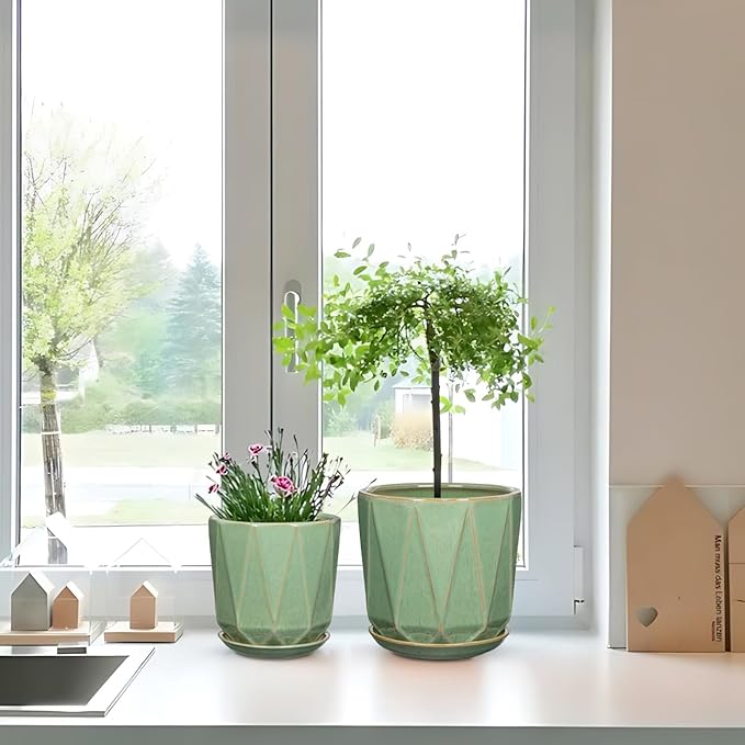 Oairse Ceramic Pots for Plants, 8+6 inch Plant Pots with Drainages Holes & Saucers Large Sage Green Ceramic Planters Decorative Flower Pot for Indoor Plants Outdoor Inoor