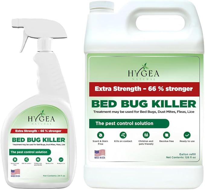 Hygea Natural Extra Strength Bed Bug & Lice Elimination Duo - Extra Strength 24 oz Lice, Bed Bug & Mite Spray & 128 oz Spray Refill - Child & Pet Friendly - Stain & Odor Free - 66% Stronger Formula