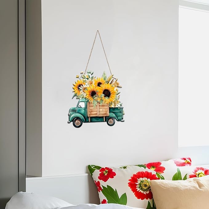 Quterhero Sunflower Truck Wall Decor, Metal Hanging Art for Home Porch or Indoor Outdoor Wall, Vintage Farmhouse Gift for Mom, Women, Friends(Green Truck)
