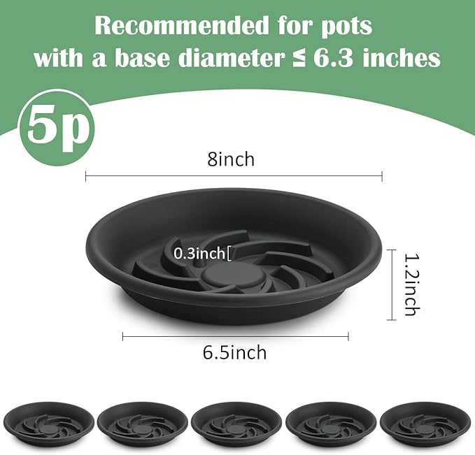 BTPLASTIK Plant Saucer 8 inch 5 Pack, Pot Elevators for Inside Plants, Heavy Duty Flower Planter Drip Trays for Pots, Grow Bags Saucers Gray