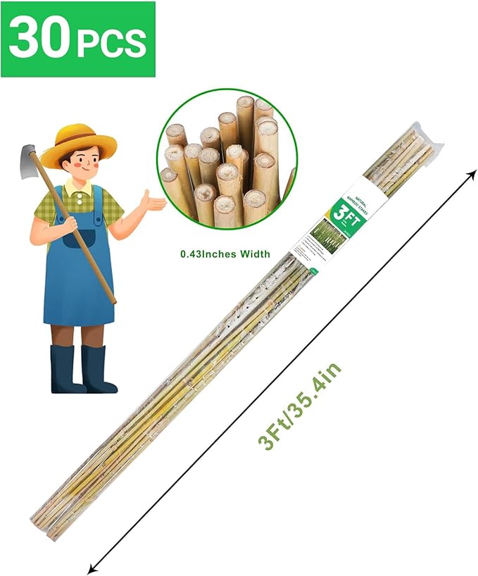 3ft Natural Bamboo Plant Stakes for Tomatoes, Beans, Flowers, Potted, Climbing Plants 30pcs