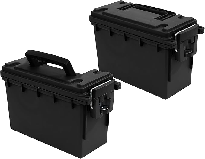Sheffield 12790 2-Pack Ammo Storage Box, Stackable .30 Cal Field Boxes, Water and Dust Resistant, Lockable Storage Box with Handle, Secures Hunting Gear, Supplies, and Bullets, Made in USA, Black