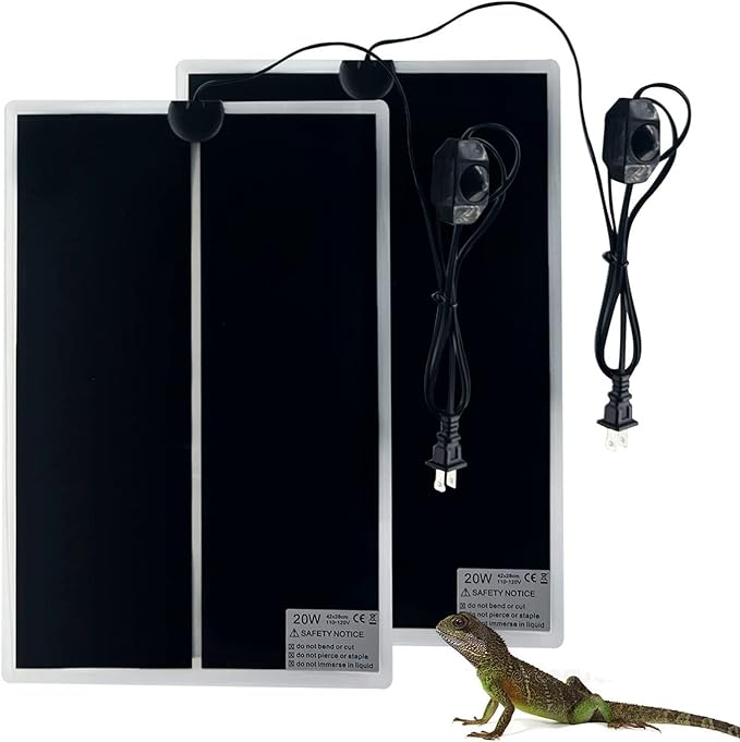 Reptile Heating Mat, 2PCS Reptile Heating Pad with Temperature Adjustment for Reptiles Tortoise Snakes Lizard Gecko Hermit Crab Amphibians - Removable Terrarium Heat Mats(20W,11x16.5 inches)
