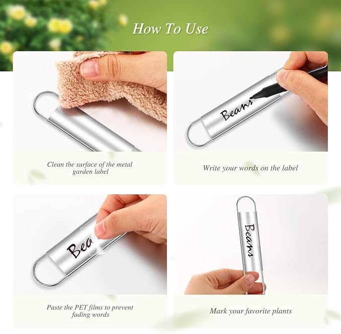 LEIFIDE 61 Pieces Zinc Plant Tags Kit, 30 Pcs 10 Inch Rectangle Metal Plant Labels, 30 Rainproof Pet Films, 1 Marker Pen, Reusable Garden Waterproof Markers Tags(U Shape)