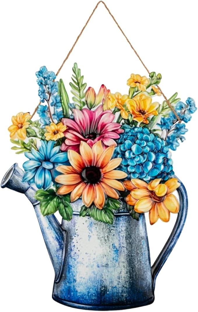 Quterhero Watering Can Flower Wall Decor, Metal Hanging Art for Indoor Outdoor Wall or Porch, Vintage Farmhouse Porch Decor Gift for Mom, Women, Friends(Chrysanthemum)