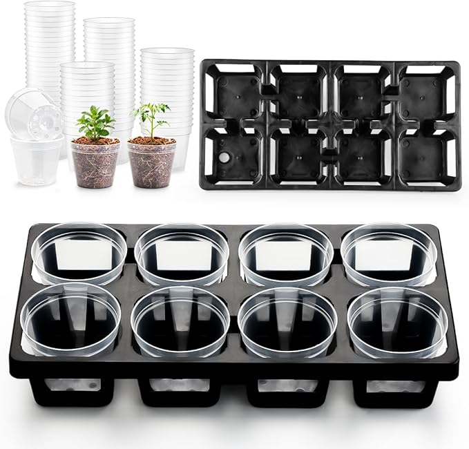8 Cell Nursery Pot Trays 10 Pack (12"x6"x2") with 2.5 inch (6.5CM) Round Seedling Pots 80pcs (Clear), Plastic Seed Starter Tray with Removable Drain Holes for Carrying and Holding Plant Pot