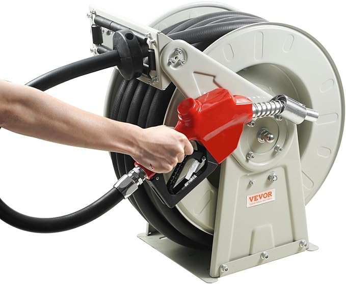 VEVOR Fuel Hose Reel, 1" x 33', Extra Long Retractable Diesel Hose Reel, Heavy-Duty Carbon Steel Construction with Automatic Fuel Nozzle, NBR Rubber Hose for Aircraft Ship Vehicle Tank Truck, 300 PSI
