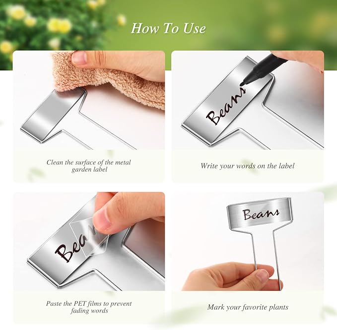 LEIFIDE 61 Pieces Zinc Plant Tags Kit, 30 Pcs 10 Inch Rectangle Metal Plant Labels, 30 Rainproof Pet Films, 1 Marker Pen, Reusable Garden Waterproof Markers Tags(T U Shape)