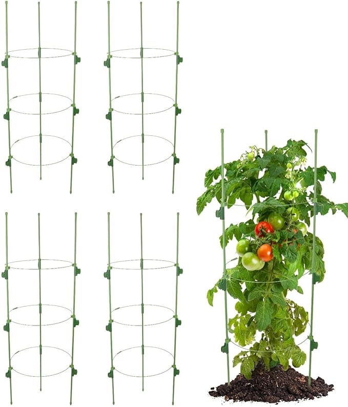 4 Pack Tomato Plant Cages, Adjustable Plant Support with Sliding Clips, 35.4 Inch Metal & Plastic Tomato Trellis for Garden Vegetables