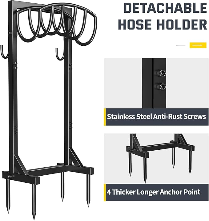 Kesfitt Garden Hose Holder Stand with 4 Spikes & 2 Tool Hooks, Detachable Heavy Duty Metal Freestanding Hose Reel Outdoor Organizer for Lawn Yard Water Storage Rack
