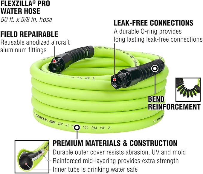 Flexzilla Pro Water Hose with Reusable Fittings, 5/8 in. x 50 ft., Heavy Duty, Lightweight, ZillaGreen - HFZWP550-E