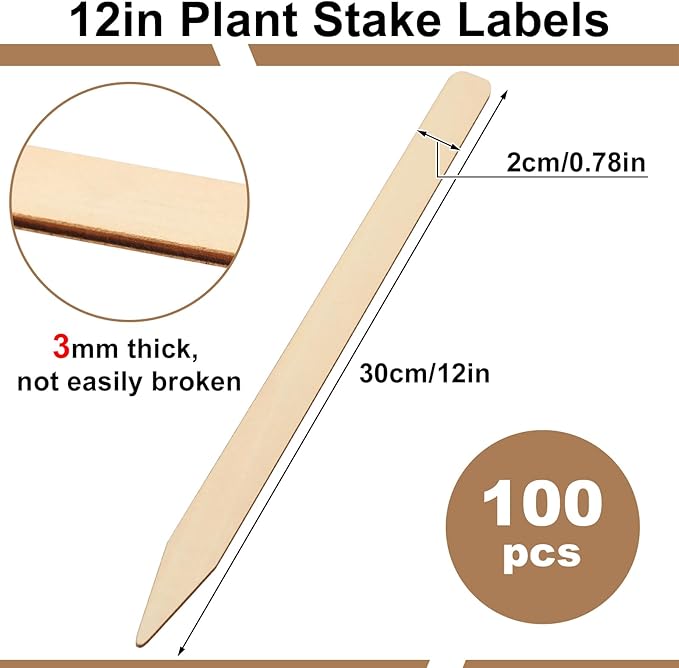 Weysat 100 Pcs 12" Wood Plant Labels for Field or Containers Plant Tags Wood Garden Labels for Seedling Stakes Markers Nursery Seed Tags with Smooth Surface for Pot Herbs Flowers Vegetables (Natural)