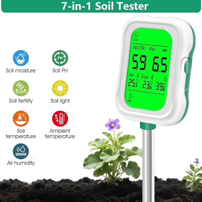 7 in 1 Digital Soil Humidometer,Measures Soil Ph,Humidity,Temperature,Light Intensity,Soil Efficiency,Air Humidity,Suitable For Garden And Outdoor Plants,Batteries Not Included