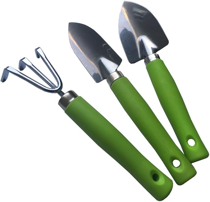 Mini Kids Garden Tool Set for Toddler with Trowel, Cultivator, Transplanter 3 Piece Mental Hand Tools (Green)
