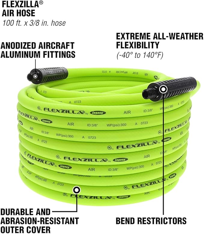 Flexzilla Air Hose, 3/8 in. x 100 ft., 1/4 in. MNPT Fittings, Heavy Duty, Lightweight, Hybrid, ZillaGreen - HFZ38100YW2