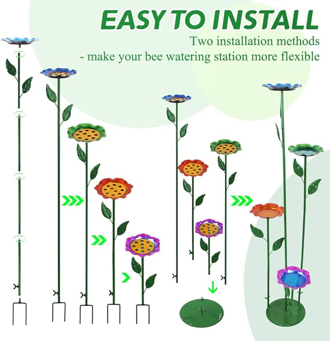 dreamysoul 4 Pack Bee Watering Station, Colorful Metal Bee Bath with Flower Design for Garden Yard