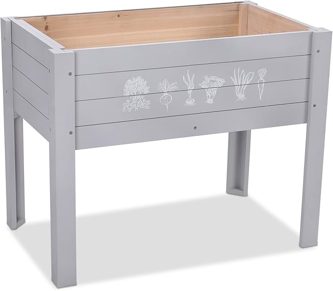 Kids Raised Garden Bed with DIY Chalkboard, 30 x 24 x 18 Inch Wooden Elevated Raised Garden Bed for Kids Outdoor Planter Box with Legs for Vegetables Grass Lawn Yard, Light Blue