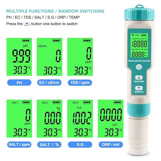 pH Meter for Water 7 in 1 PH/TDS/EC/Salt/S.G/ORP/Temp Meter,pH Tester Digital Backlit Waterproof LCD,TDS Meter EC Meter PPM Meter Suitable for Pools, Drinking Water, Aquariums, Hydroponic Cooking.