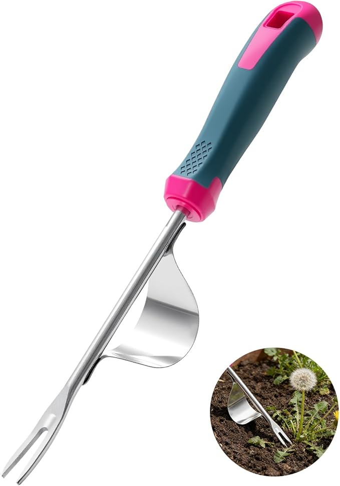 2026 Upgraded Weed Puller Tool, Stainless Steel Hand Weeder，Leverage Base & V-Shaped Forks for Easy Weed Removal & Deep Root Digging, Ergonomic Soft Grip Handle Manual Weeding Tool for Garden and Lawn