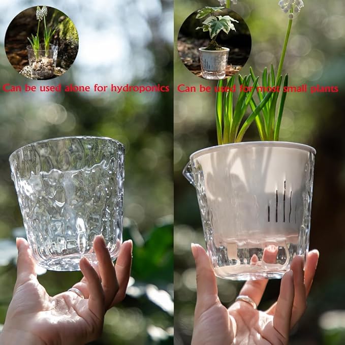 4 Inch Glacier-Textured Self Watering Garden Pots,4 Pack Clear Plastic Planters with Water Filling Spout,Flowerpot with Inner Pot for Indoor Plants,African Violets,Herbs,Succulents (White)