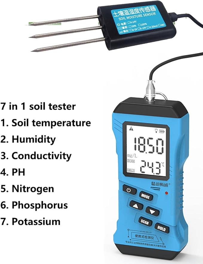 7 in 1 Soil Tester, Digital PH Meter for Soil, NPK Tester with Moisture & Temperature Sensor, Backlit LCD Garden Soil Test Kit for Lawn, Farm, Indoor/Outdoor Plants