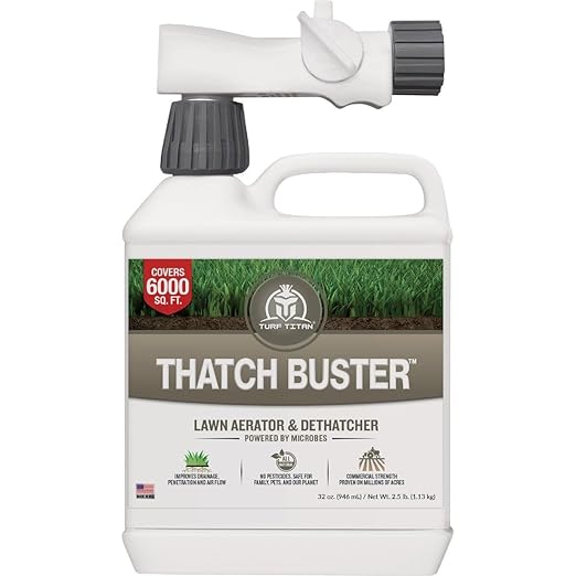 Turf Titan Thatch Buster Liquid Lawn Aerator and Dethatcher (32 oz) with Hose End Sprayer – Liquid Soil Loosener for Compacted & Clay Lawns – Improves Drainage & Root Growth – Covers 6,000 Sq Ft