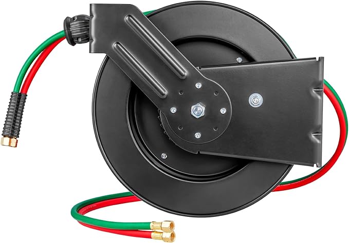 VEVOR Retractable Welding Hose Reel, 1/4-Inch x 50FT Twin Oxygen Acetylene Rubber Hose Max 300PSI - R Grade, Ceiling/Wall Mount Heavy Duty Steel Hose Reel Auto-Rewind, Ideal for Workshops Garages