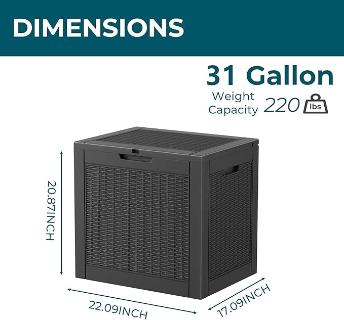 Vixzen 31 Gallon Resin Deck Box - Lockable Outdoor Storage for Patio Cushions, Garden Tools, Pool Supplies（Black，31 Gallon）
