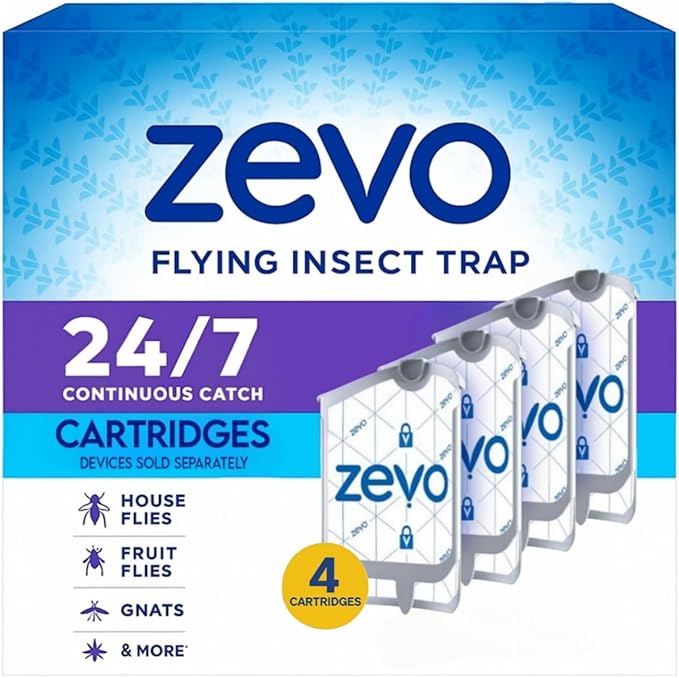 Zevo Flying Insect Trap Replacement Cartridges, 4 Count, Official Zevo Refills for Plug-in Trap Device
