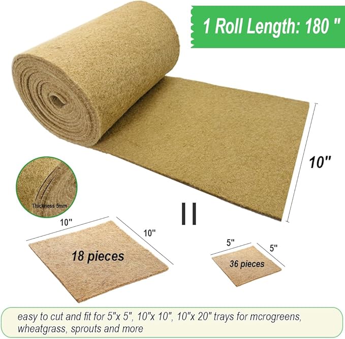 1 Roll 10" x 180" Microgreens Growing Trays Jute Mat Kits, Hydroponic Planting Mat & Seed Germination Pad for Wheatgrass, Bean Sprouts, Hydroponic Seed Growing | Works with Growing Trays