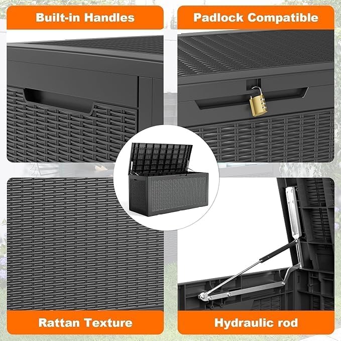 120 Gallon Outdoor Deck Box,Waterproof Resin Outdoor Storage Boxes, Outside Storage Lockable Container for Garden Tools,Indooor Cushions,Accessories (Black)