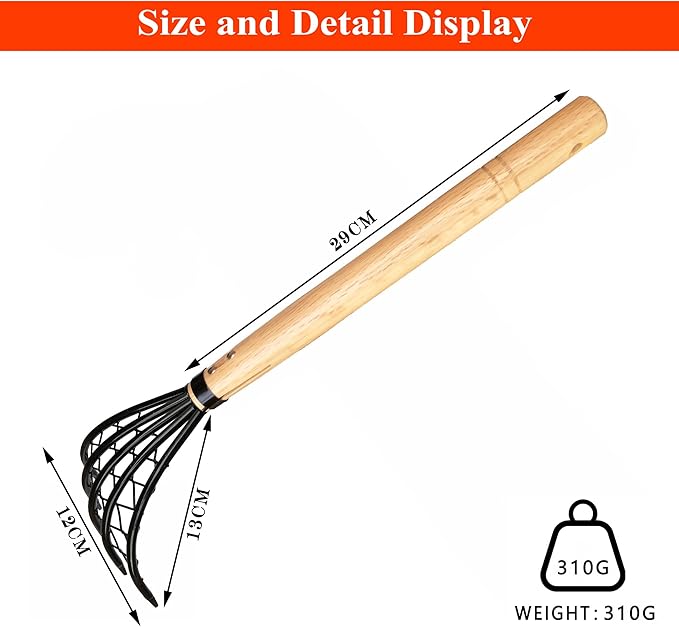 Garden Rake 5-Claw Landscape Dethatcher Thatching Beach Combing Rake for Digging Clam Shell Defoliation Hoe Garden Tool for Loosen The Soil (Orange)