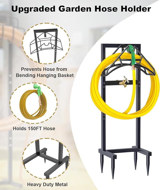 Outdoor Garden Hose Holder Freestanding with Brass Faucet And 4 Spikes, Heavy Duty Metal Water Hose Reel Stand Hanger Rack Organizer Holds Storage 150ft Hose for Outside Yard Lawn, Black