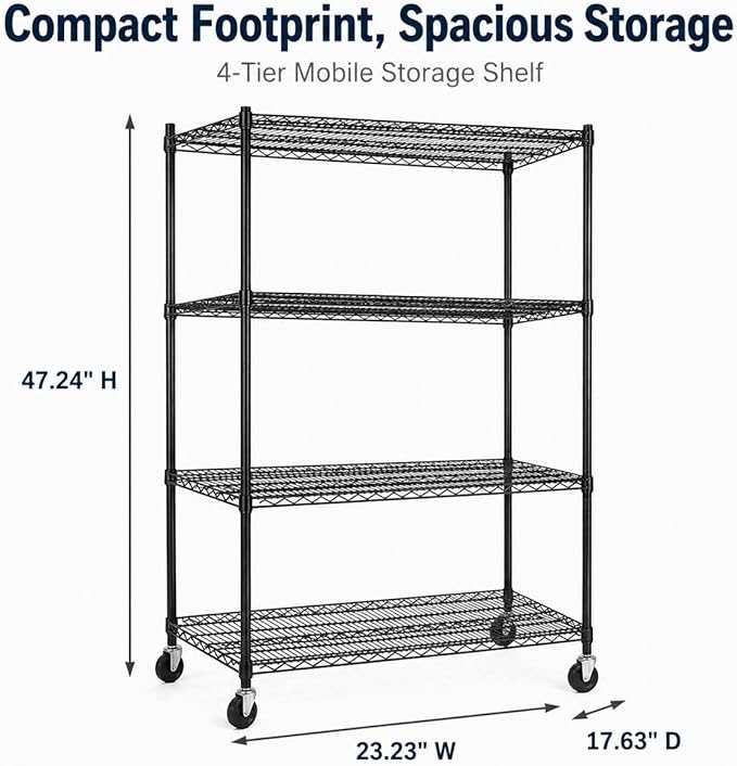 Simple Deluxe 4-Tier Heavy Duty Adjustable Storage Shelf with Wheels, 23.23”W x 17.63”D x 47.24”H, Wide Mobile Metal Shelving Unit, Easy Assembly for Living Room, Office,Black