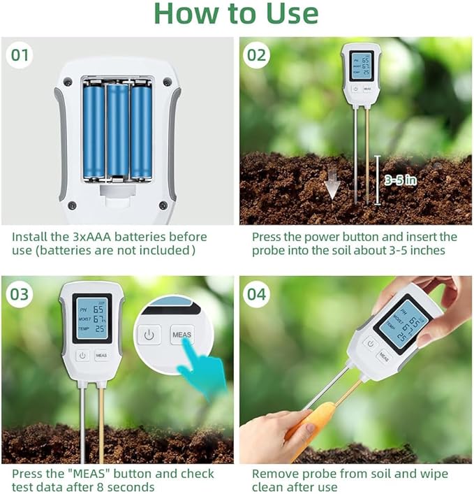 3 in 1 Soil Tester, Ph, Humidity and Temperature Measurement, Backlit Display, 10 Second Test Time, Suitable for Gardening, Lawn, Agriculture, Battery Not Included