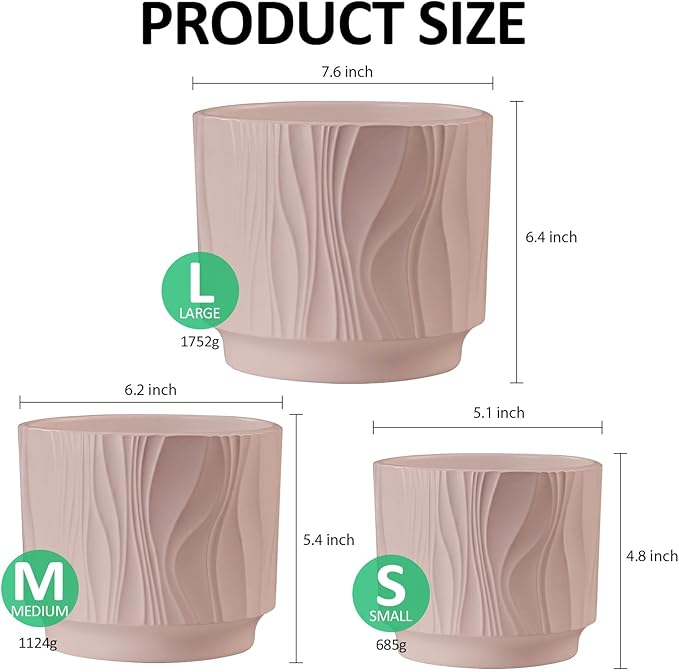 OXART Ceramic Planter with Drainage, 7.6+6.2+5 inch Plant Pot, Set of 3, Round Flower Pots for Intdoor Outdoor Plants, Home, Office, Garden, Lilies, Cacti, Succulents, Snakes, and Pothos, Pink