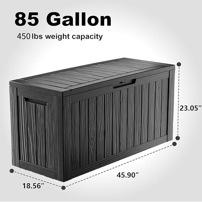 Vixzen 85 Gallon Resin Deck Box, Lockable Outdoor Storage Box for Patio Cushions Storage Furniture,Garden Tools, Pool Supplies, Weatherproof and UV Resistant（Black，85 Gallon）